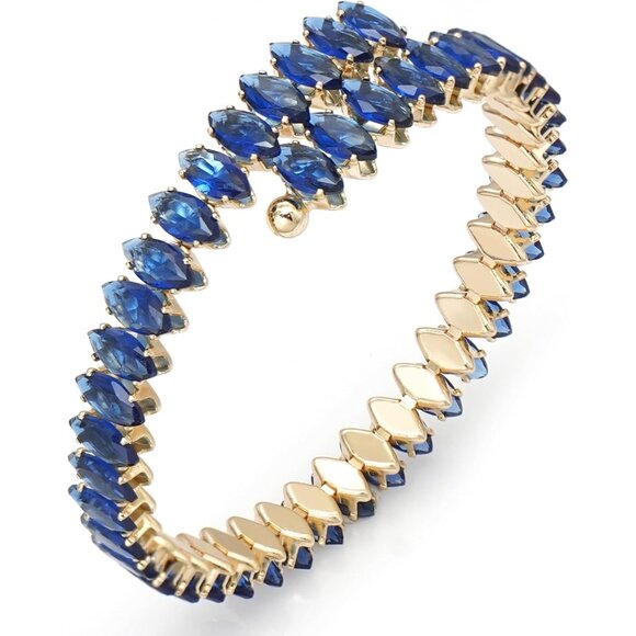 Gold Blue Rhinestone Cuff Bracelet Cubic Zirconia Tennis Bracelets for Women - Picture 1 of 7